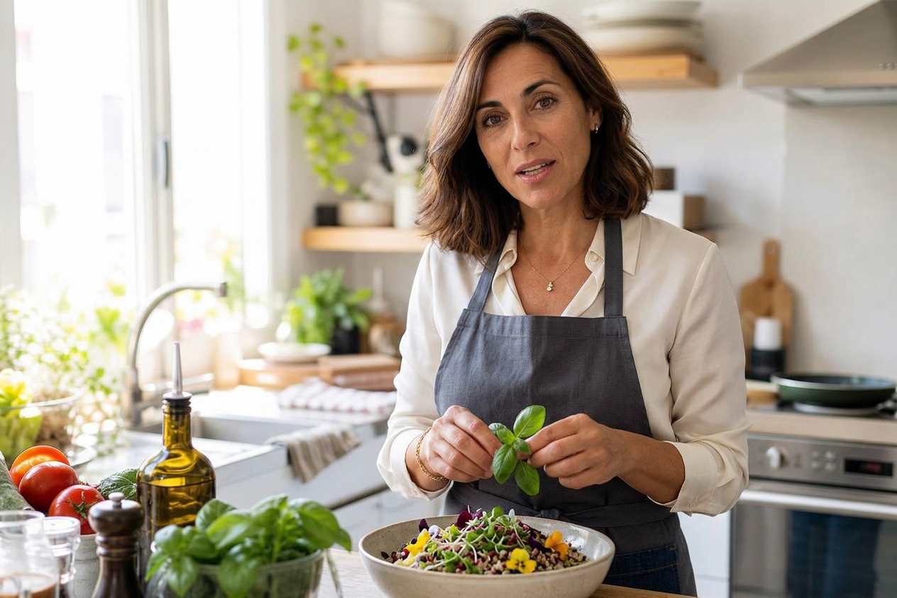 Dra. Joana Cardoso na cozinha a preparar receitas saudáveis